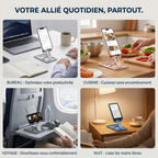 Exemples d'utilisation du rehausseur téléphone AeroRise Pro comme support téléphone bureau et support téléphone lit.