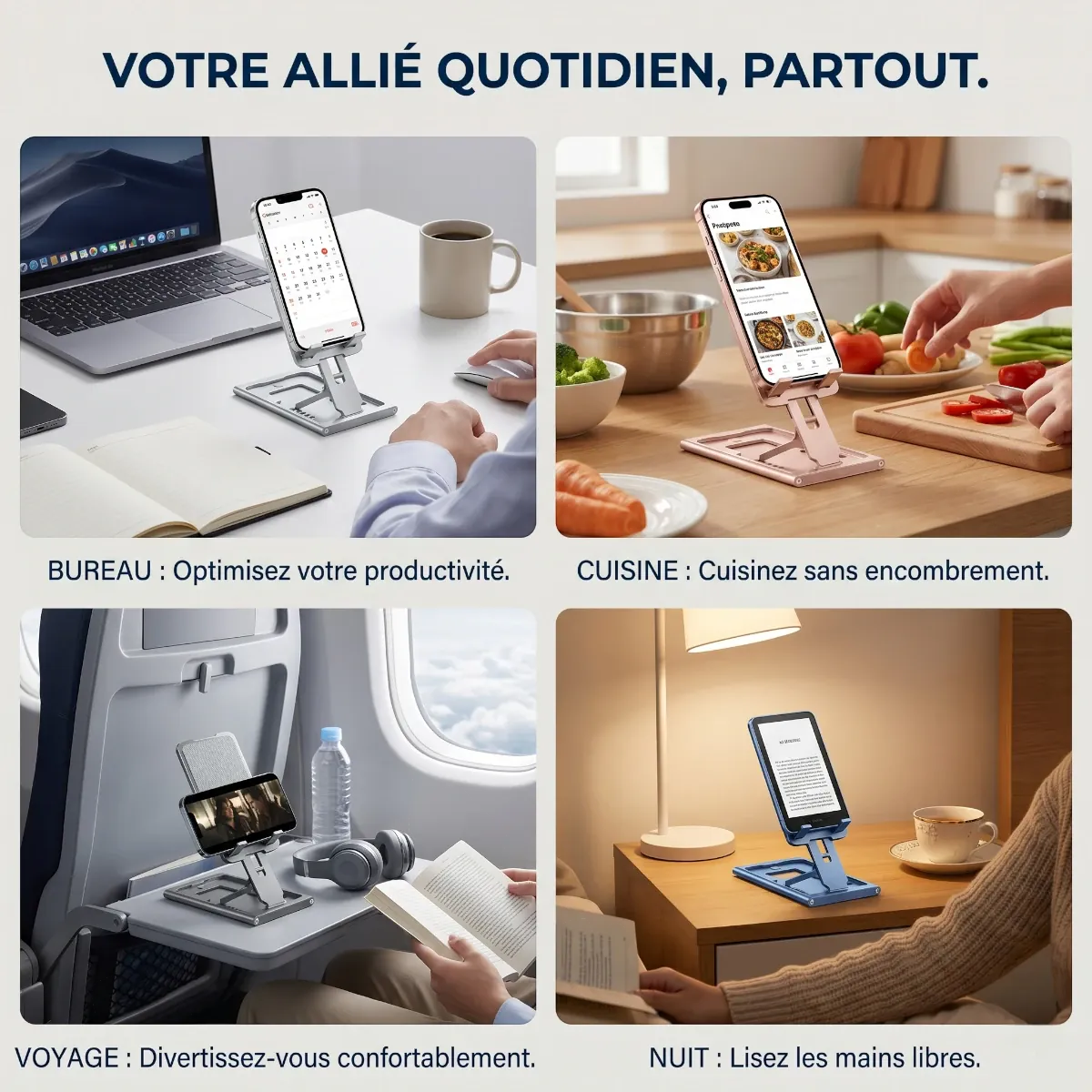 Exemples d'utilisation du rehausseur téléphone AeroRise Pro comme support téléphone bureau et support téléphone lit.