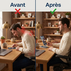 Comparatif posturale avant après l'utilisation du support ergonomique orientable AeroRise Pro au bureau.