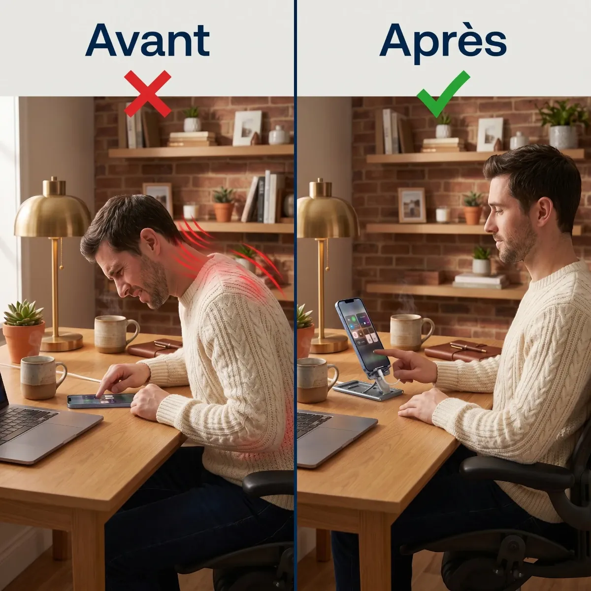 Comparatif posturale avant après l'utilisation du support ergonomique orientable AeroRise Pro au bureau.