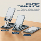 Support pour téléphone AeroRise Pro démontrant le réglage de la hauteur libre et de l'angle de vision.