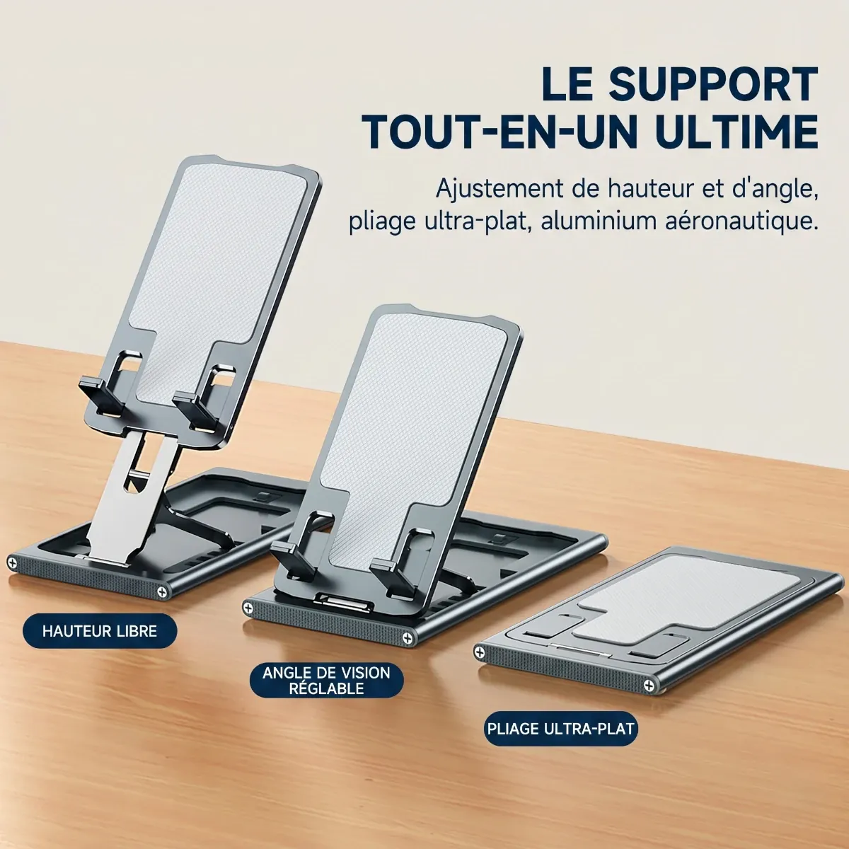 Support pour téléphone AeroRise Pro démontrant le réglage de la hauteur libre et de l'angle de vision.