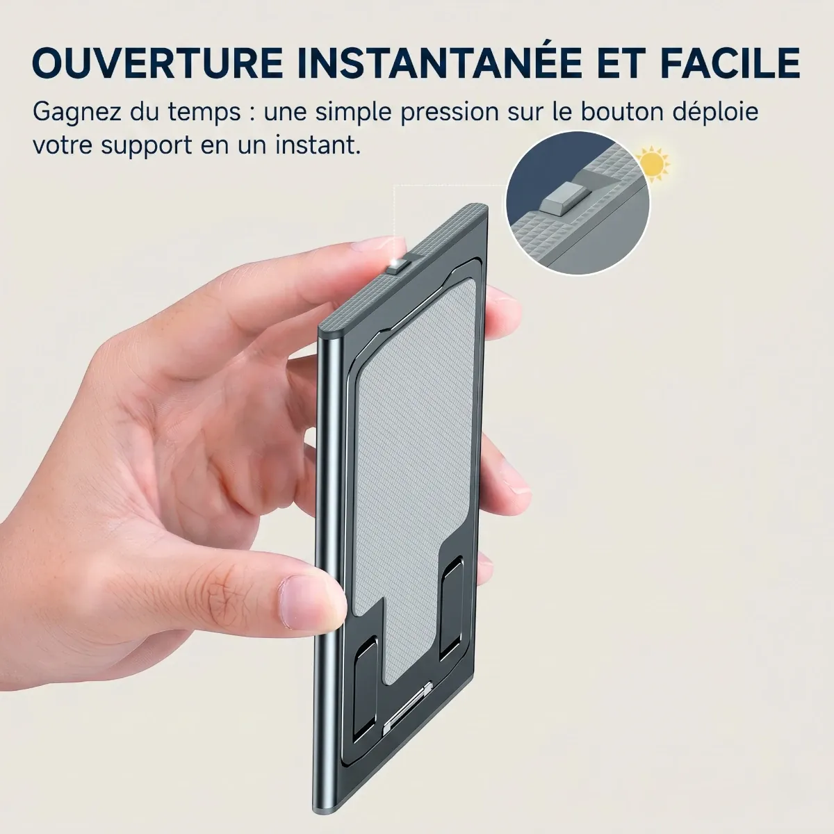 Système d'ouverture automatique par bouton poussoir sur le socle pour smartphone AeroRise Pro.