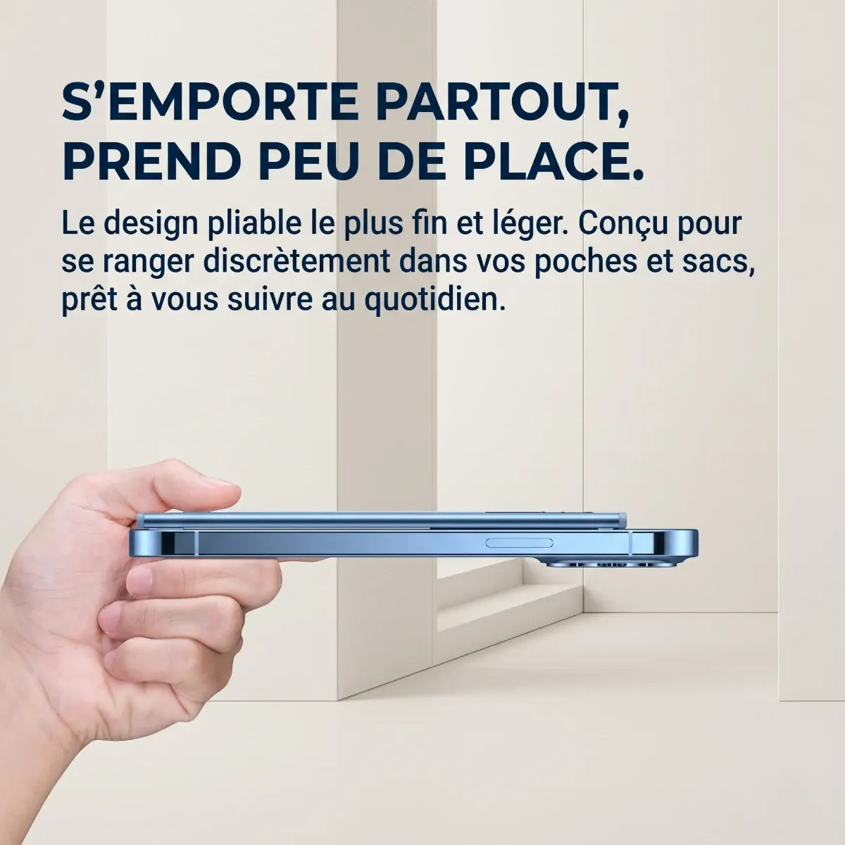 Prise en main du support articulé pour portable AeroRise Pro entièrement plié, format ultra fin pour poche.