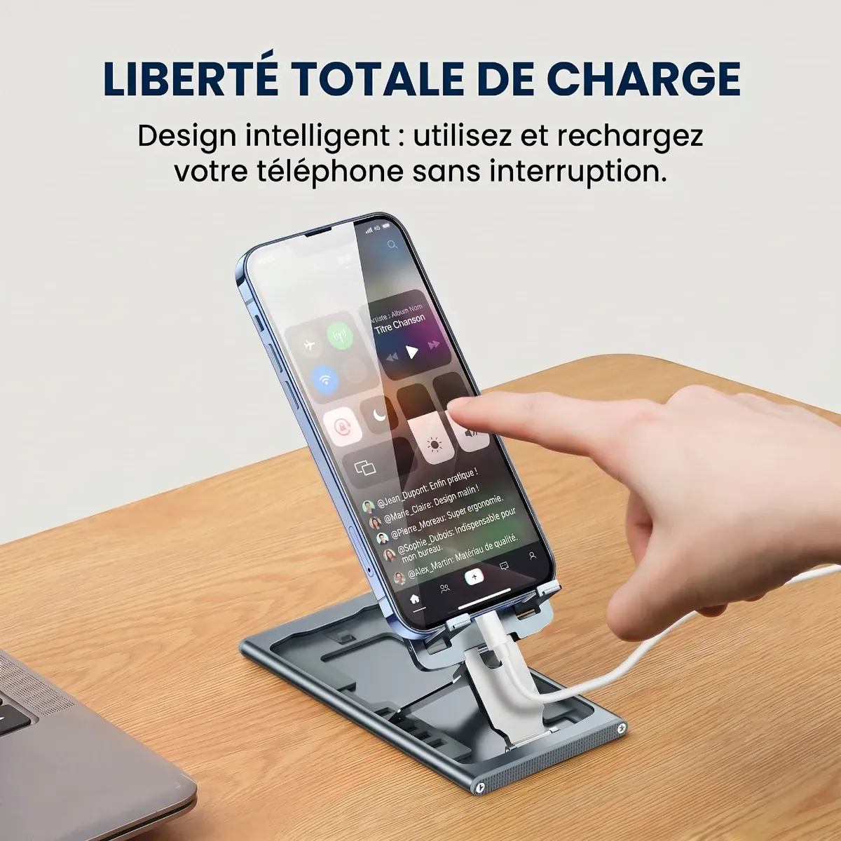 Station d'accueil minimaliste AeroRise Pro montrant la liberté totale de charge avec passage de câble fluide.