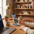 Intégration du support pour téléphone AeroRise Pro au sein d'un setup de bureau professionnel.