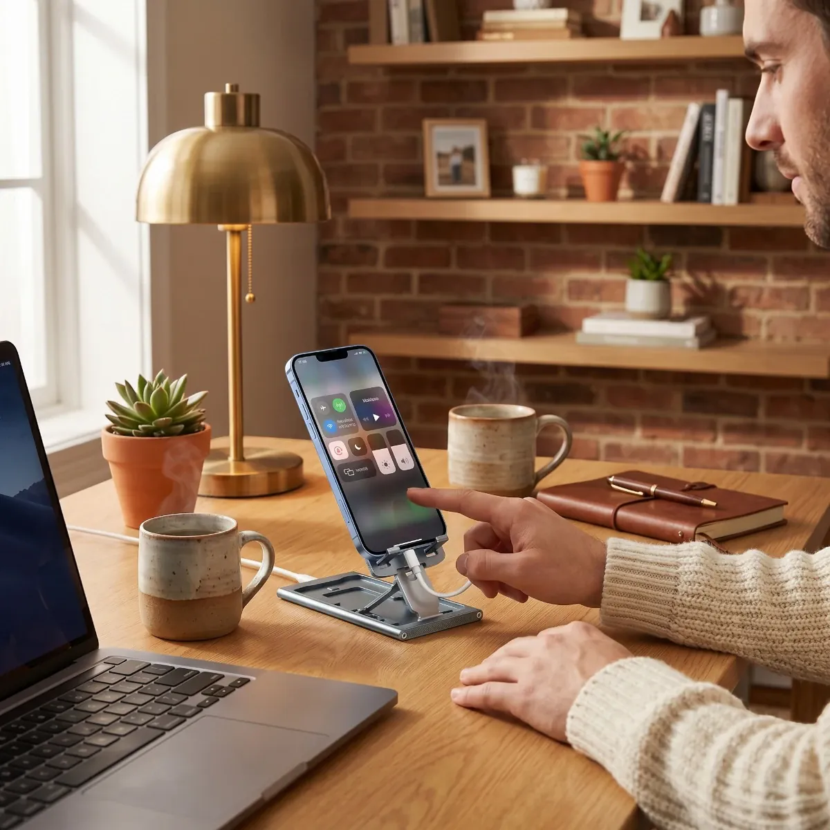 Intégration du support pour téléphone AeroRise Pro au sein d'un setup de bureau professionnel.