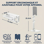 Dimensions officielles en centimètres du support téléphone ApexFlex Pro au format plié et déplié, accompagné de ses pictogrammes d'ergonomie et de confort biomécanique.