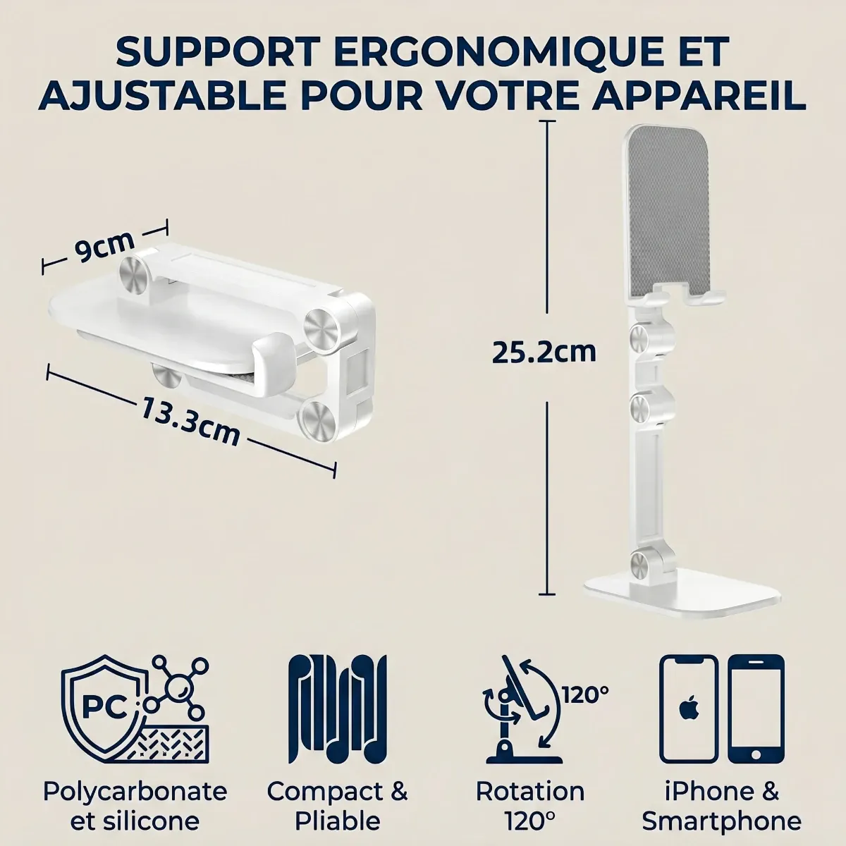 Dimensions officielles en centimètres du support téléphone ApexFlex Pro au format plié et déplié, accompagné de ses pictogrammes d'ergonomie et de confort biomécanique.