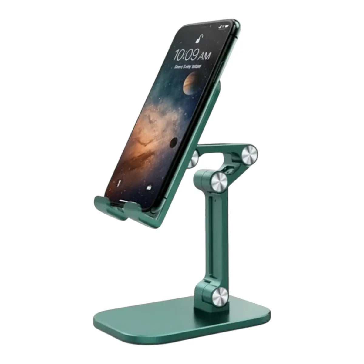 Support téléphone ApexFlex Pro en polycarbonate pliable, vue de profil en studio sur fond blanc, mettant en valeur son design ergonomique et ses finitions soignées.