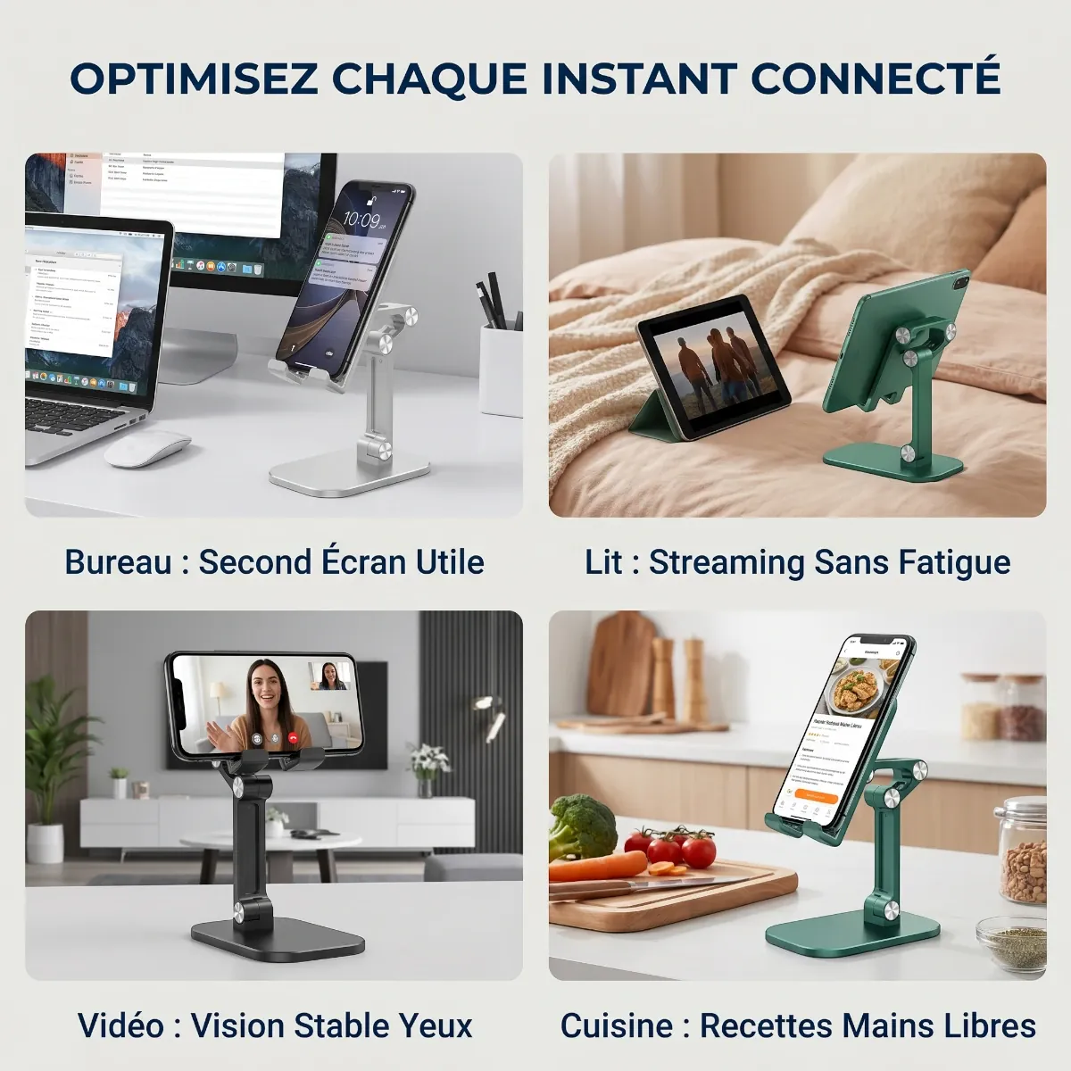 Les 4 configurations majeures du support pour téléphone ApexFlex Pro, optimisé pour le support téléphone bureau, le support téléphone lit, les appels vidéo et la cuisine.