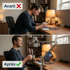Comparaison posture ergonomique avant après avec le rehausseur téléphone ErgoPivot