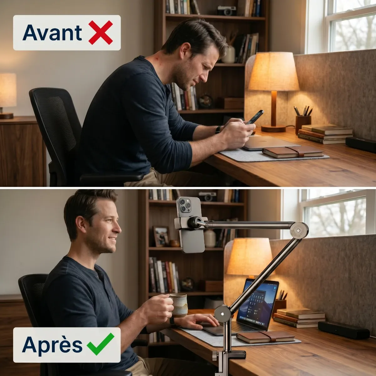 Comparaison posture ergonomique avant après avec le rehausseur téléphone ErgoPivot