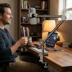 Homme utilisant le support de téléphone ErgoPivot confortablement à son bureau