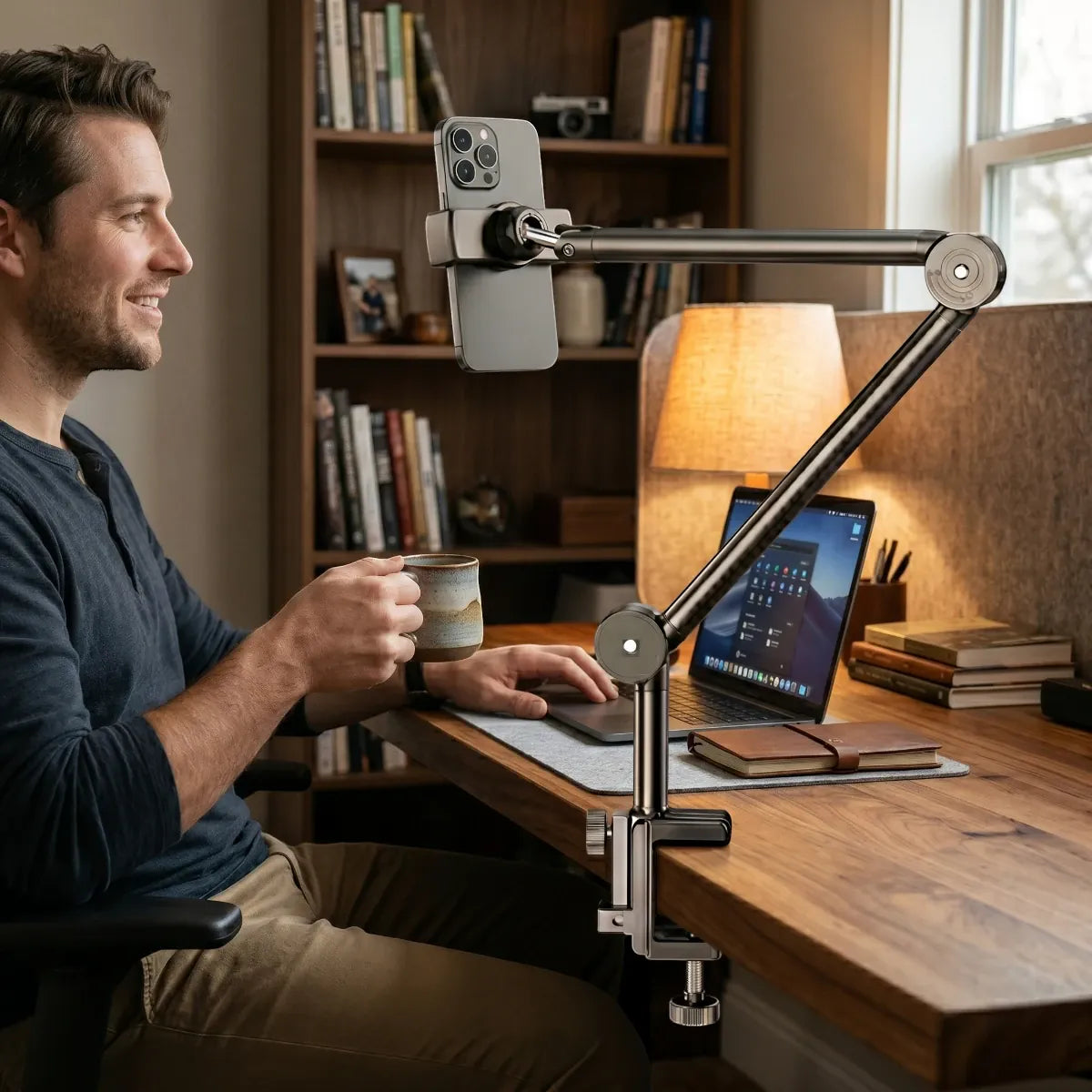 Homme utilisant le support de téléphone ErgoPivot confortablement à son bureau