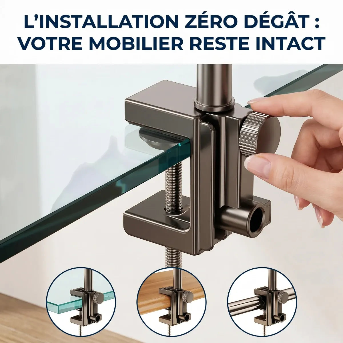 Fixation universelle par pince du support téléphone ErgoPivot protégeant le mobilier