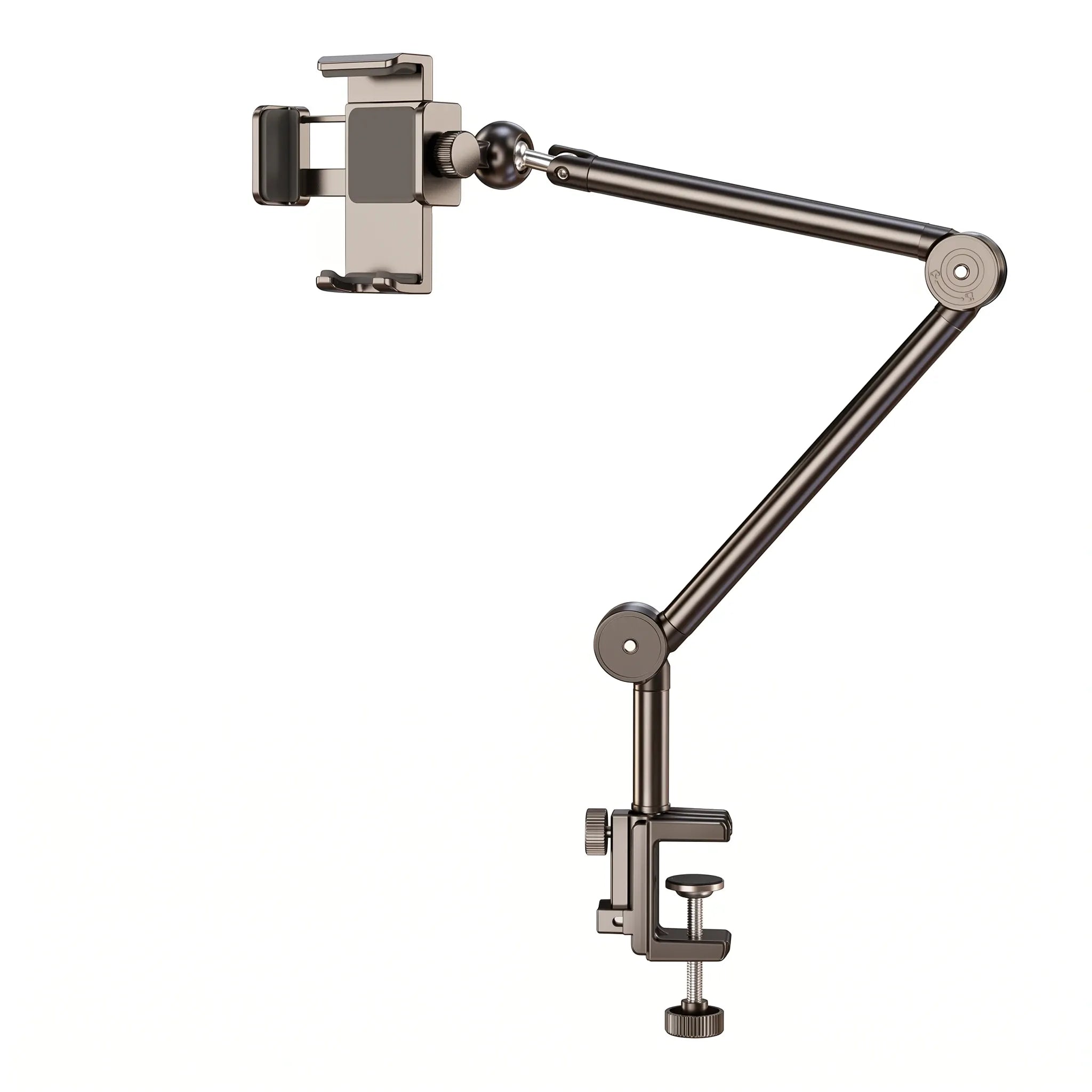 Support téléphone ErgoPivot articulé en acier sur fond blanc