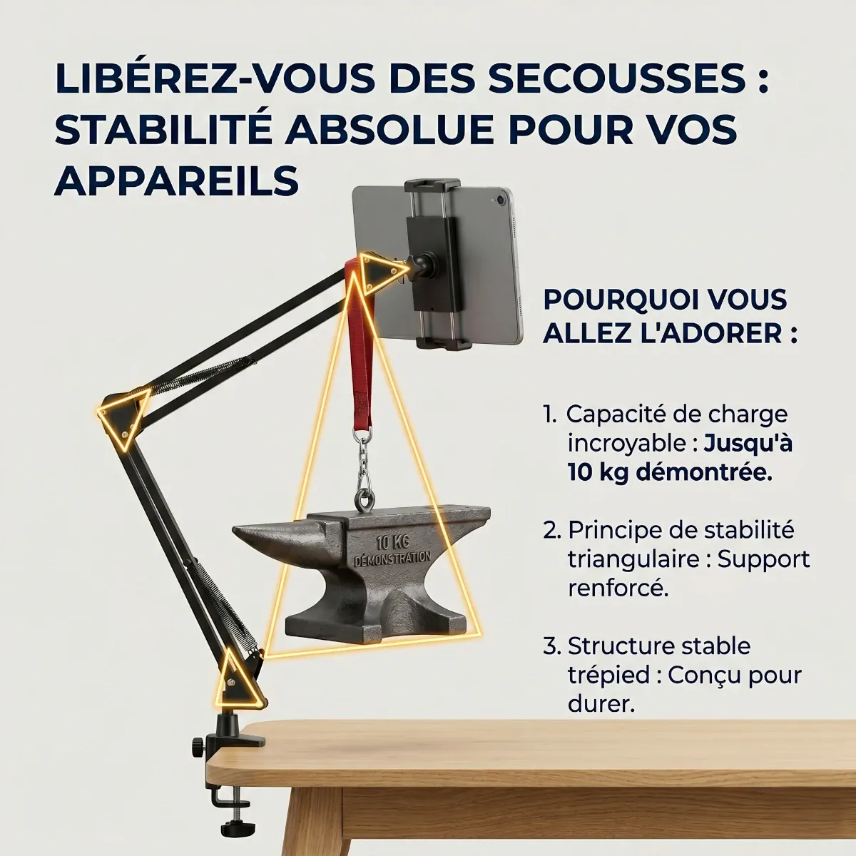Test de rigidité structurelle et charge de 10 kg du socle pour smartphone ErgoPivot