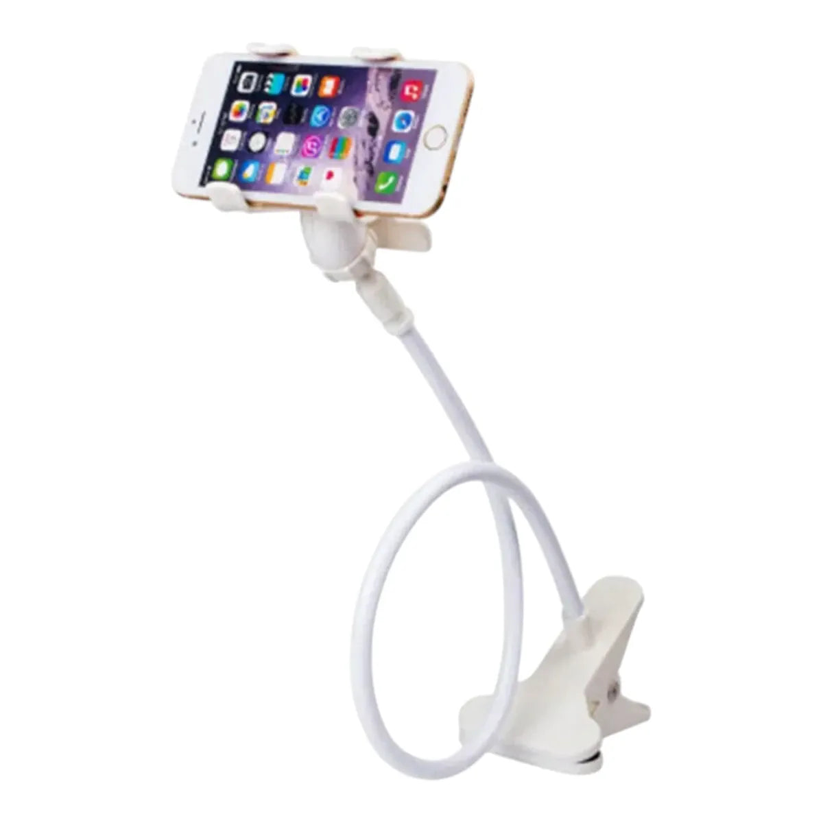 Un support de téléphone flexible col de cygne de couleur blanche, enroulé sur lui-même, avec une pince de fixation et un smartphone inséré.