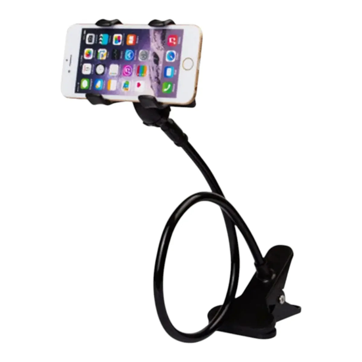 Un support de téléphone flexible col de cygne de couleur noire, enroulé sur lui-même, avec une pince de fixation et un smartphone inséré.