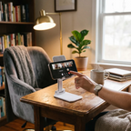 Femme utilisant le support téléphone Kalyx Pro sur un bureau pour un appel vidéo