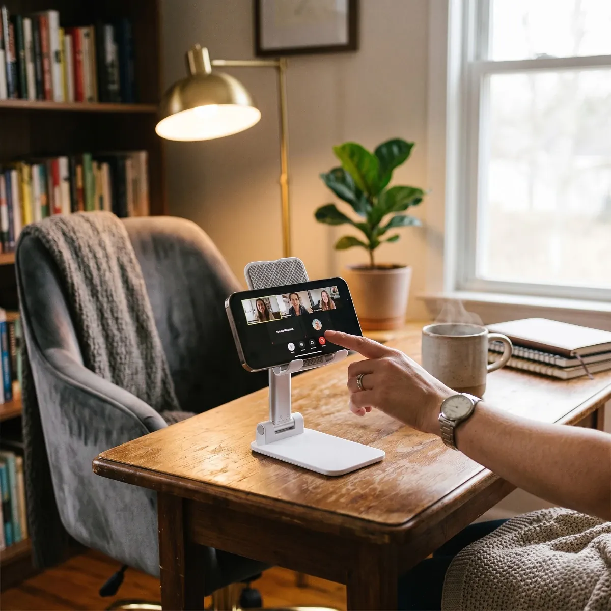 Femme utilisant le support téléphone Kalyx Pro sur un bureau pour un appel vidéo