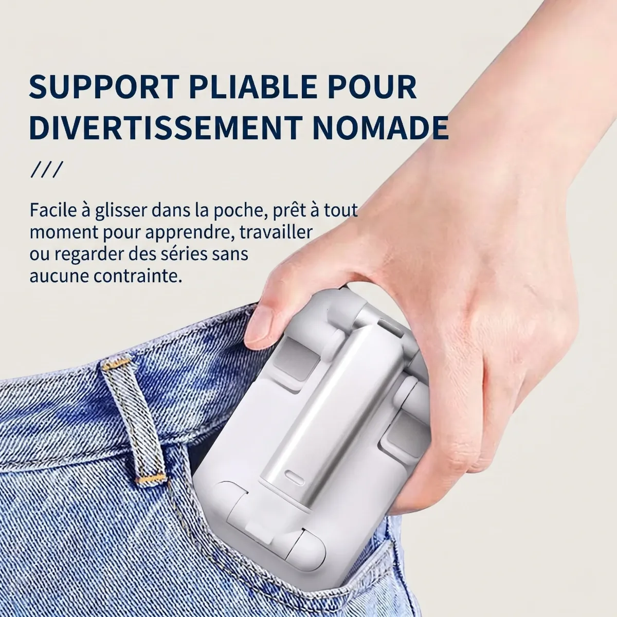 Format ultra-compact du support téléphone Kalyx Pro rangé dans une poche de jean