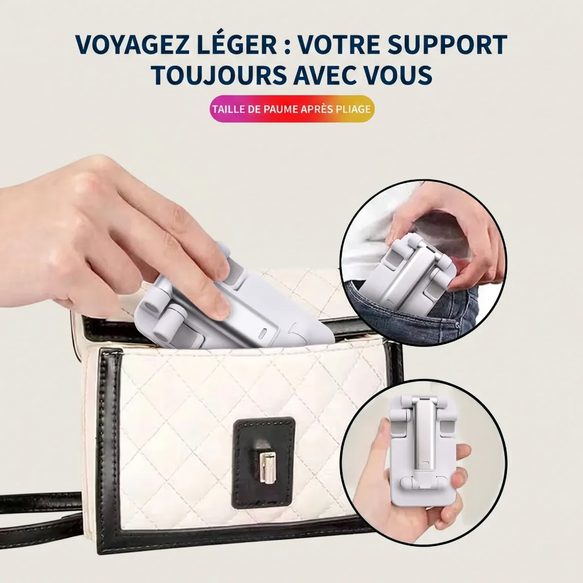 Support téléphone Kalyx Pro plié au format de poche et glissé dans un sac