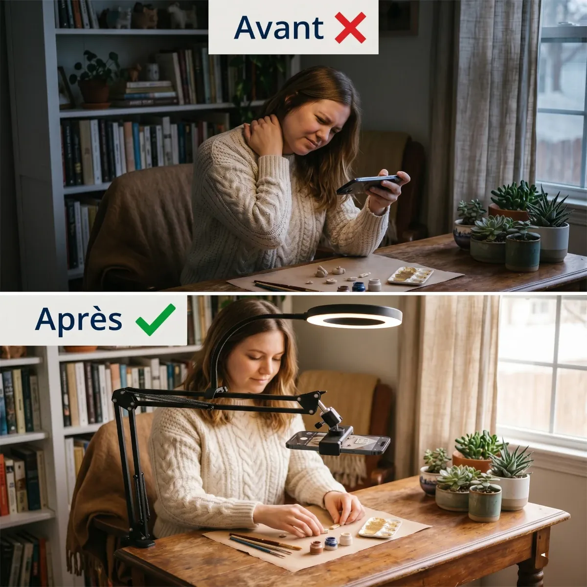 Comparaison avant/après utilisation du support téléphone LuminaFlex pour la posture