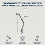 Dimensions et pictos des avantages du support téléphone LuminaFlex