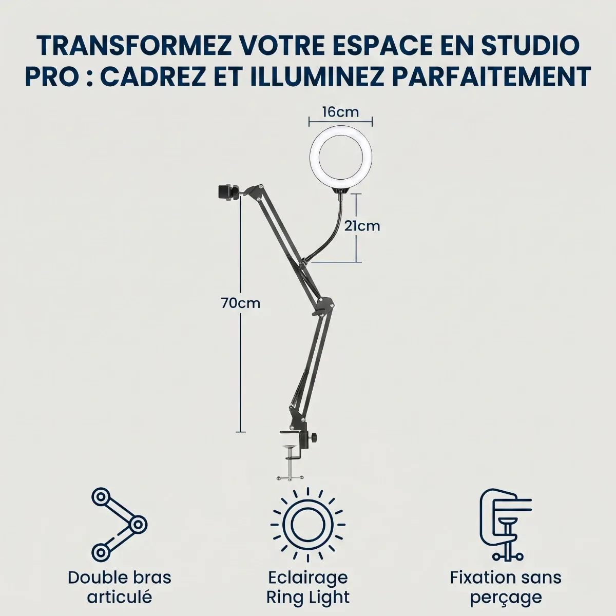 Dimensions et pictos des avantages du support téléphone LuminaFlex