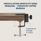 Détail de la fixation sans perçage du support téléphone LuminaFlex sur un bureau