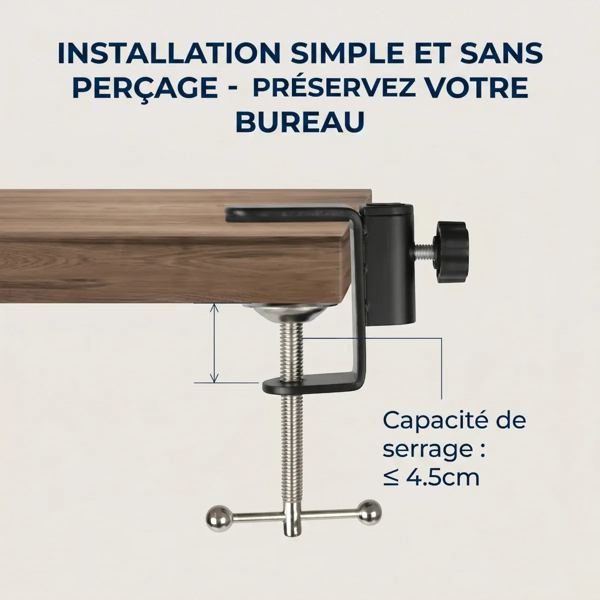 Détail de la fixation sans perçage du support téléphone LuminaFlex sur un bureau