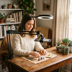 Femme utilisant le support téléphone LuminaFlex Ring Light dans un bureau cosy