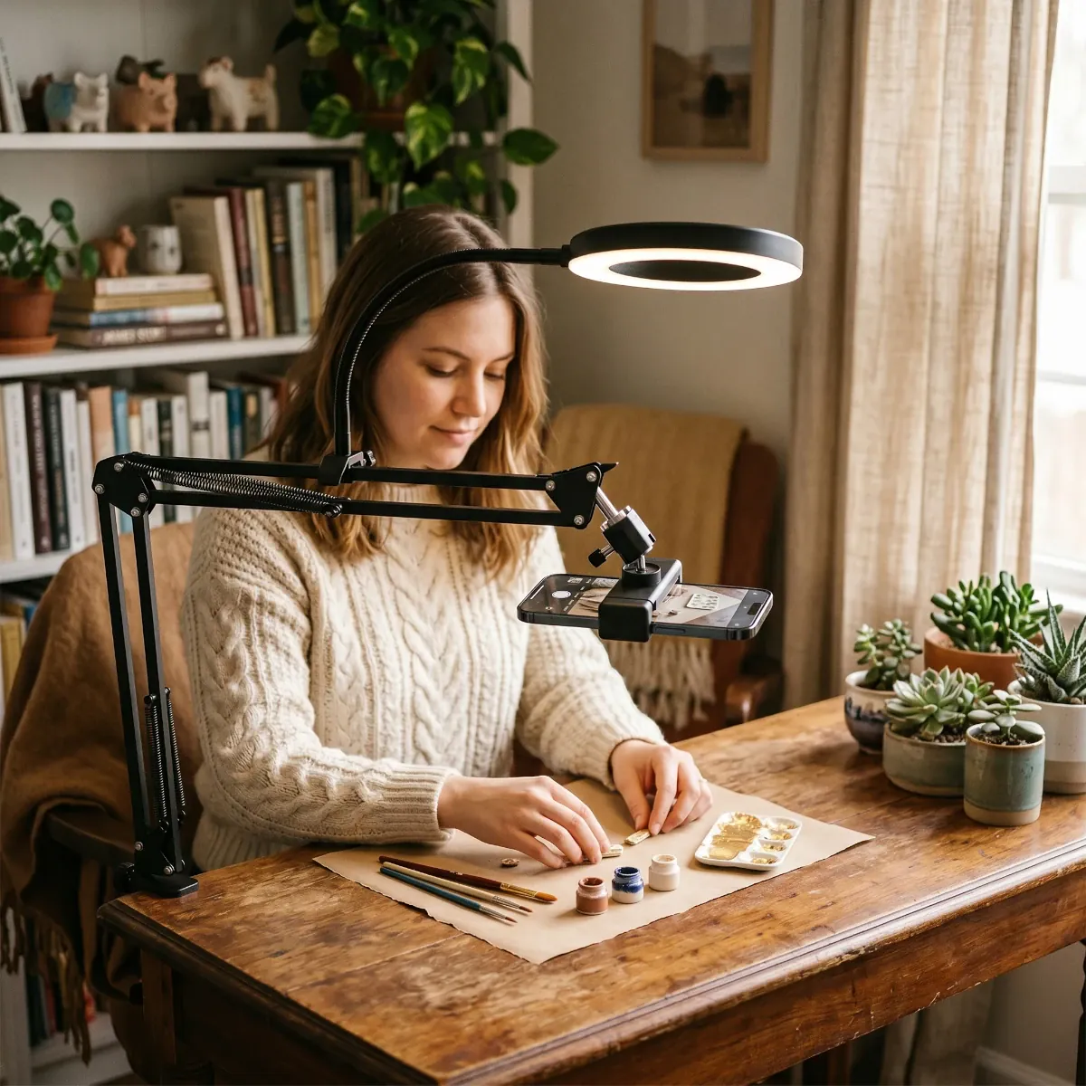 Femme utilisant le support téléphone LuminaFlex Ring Light dans un bureau cosy