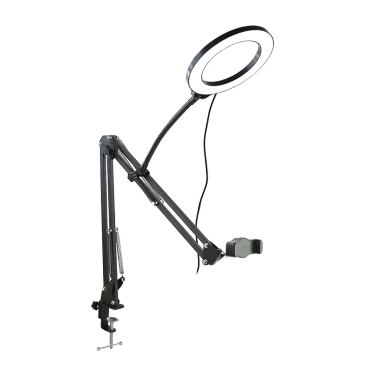 Vue de profil du support téléphone LuminaFlex avec ring light et bras articulé
