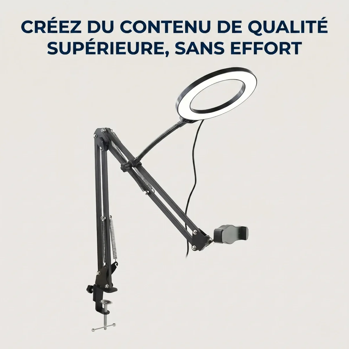 Support téléphone LuminaFlex Ring Light sur fond blanc