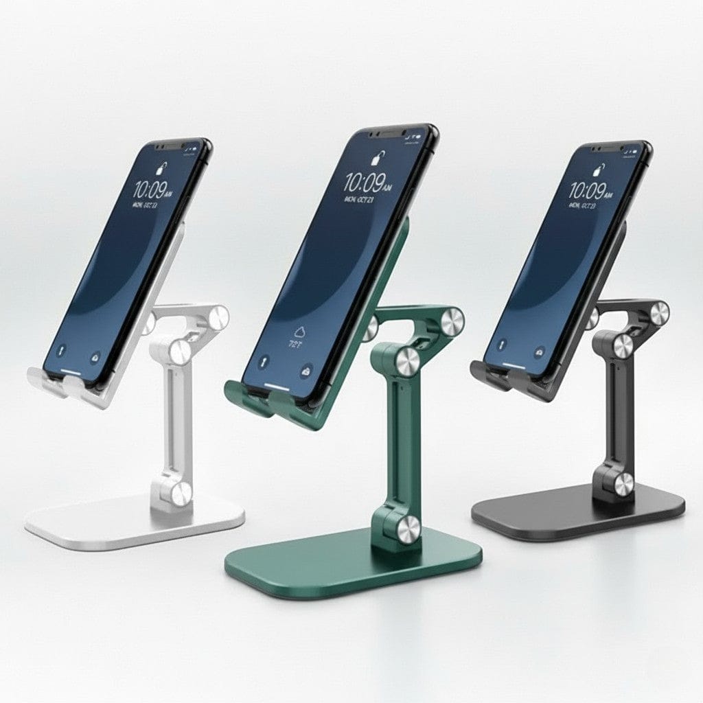 Support Téléphone Pliable & Compact – Angle Ajustable 120° avec Mécanisme Triangulaire Stable