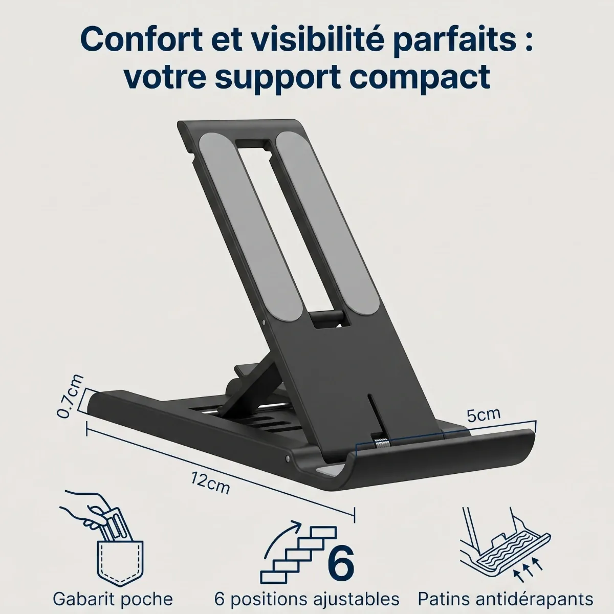 Support téléphone tablette pliable réglable universel avec dimensions et caractéristiques
