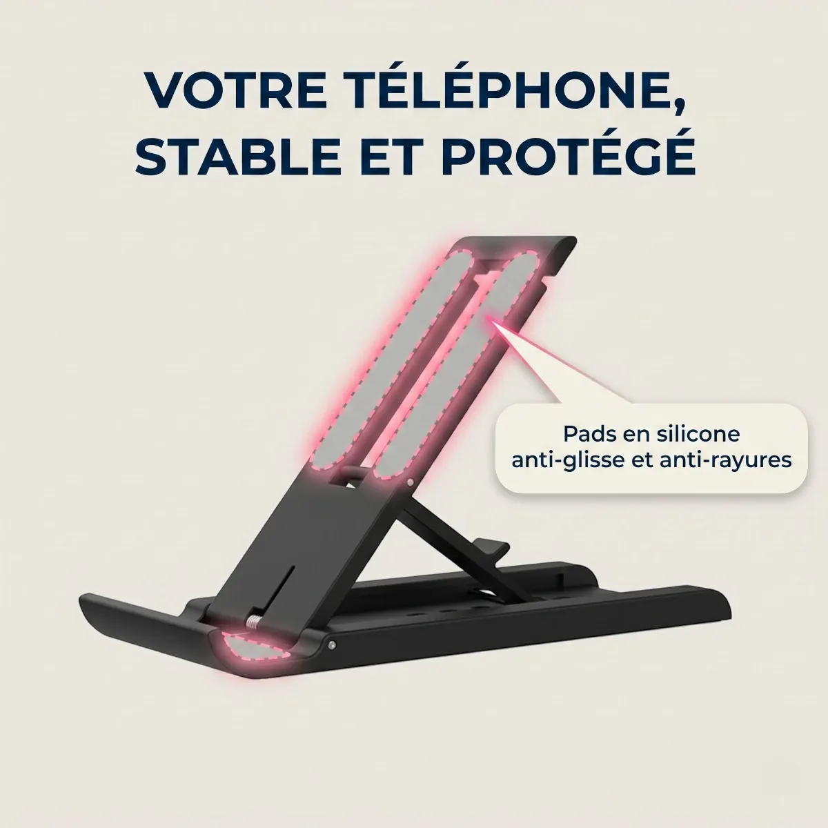 Zoom sur les pads en silicone antidérapants du support téléphone tablette pliable réglable universel
