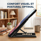 Support téléphone tablette pliable réglable universel noir sur un bureau avec téléphone