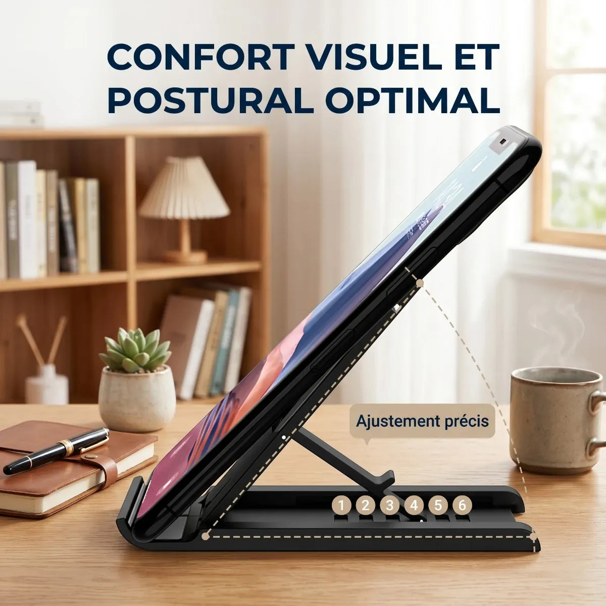 Support téléphone tablette pliable réglable universel noir sur un bureau avec téléphone