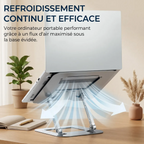 Graphique montrant le flux d'air continu et le refroidissement passif maximisé sous la base évidée du support ventilé AeroSteel Pro de Bureau Cosy.