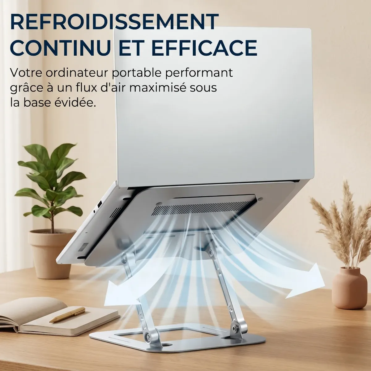 Graphique montrant le flux d'air continu et le refroidissement passif maximisé sous la base évidée du support ventilé AeroSteel Pro de Bureau Cosy.