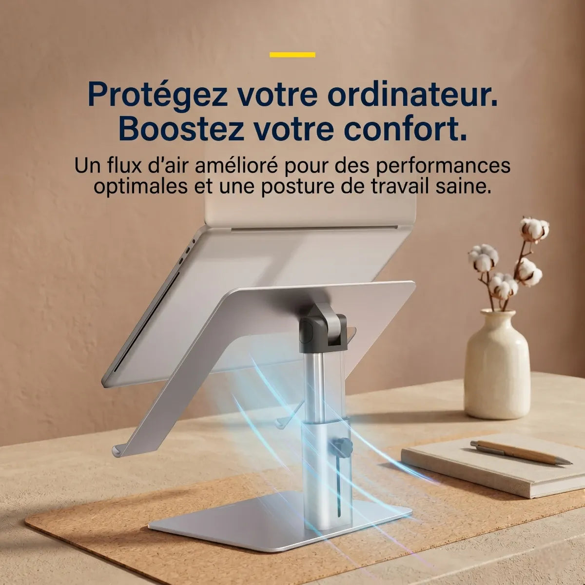 Flux d'air optimisé et gestion thermique passive sous le châssis d'un ordinateur grâce à l'architecture ouverte du support ventilé.