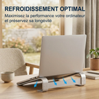 Vue arrière du support ventilé AeroCurve V2 illustrant le flux d'air et la dissipation thermique passive sous le laptop.