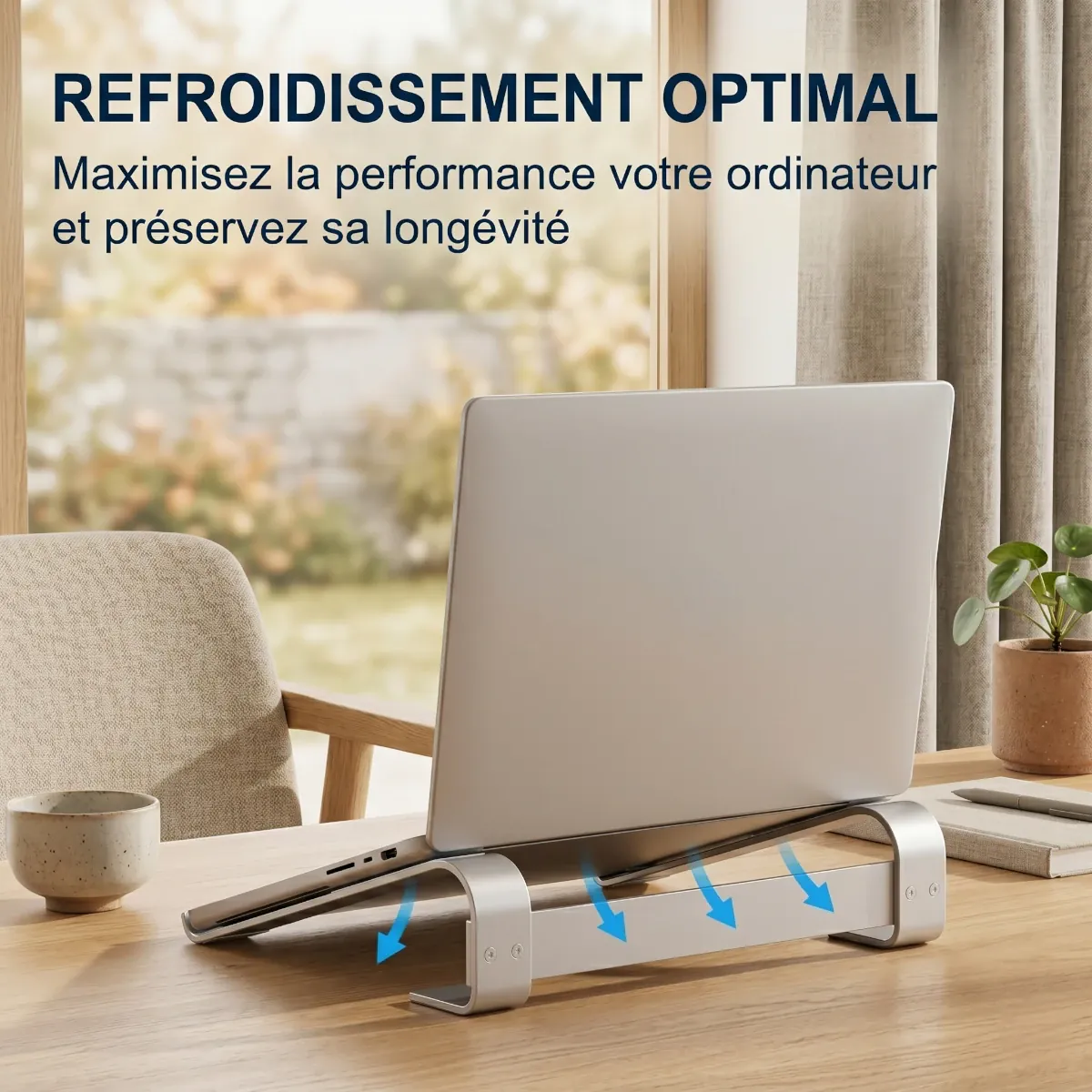 Vue arrière du support ventilé AeroCurve V2 illustrant le flux d'air et la dissipation thermique passive sous le laptop.