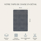 Infographie des dimensions (90x120 cm) et caractéristiques techniques du tapis de chaise de bureau ZenSpace Shield avec pictogrammes épurés.