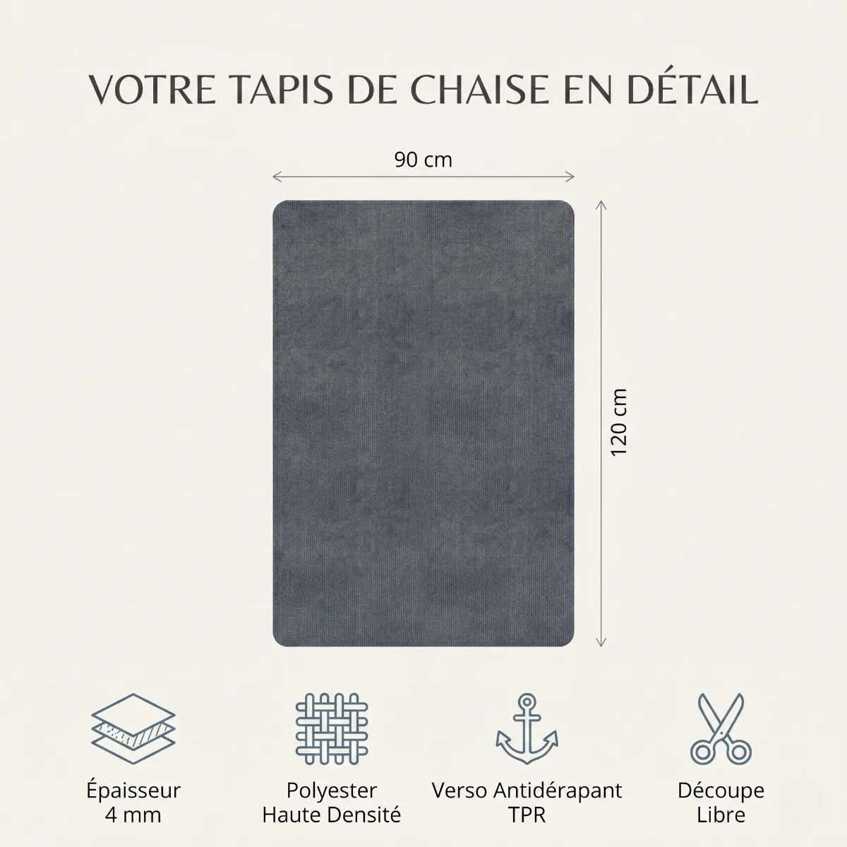 Infographie des dimensions (90x120 cm) et caractéristiques techniques du tapis de chaise de bureau ZenSpace Shield avec pictogrammes épurés.