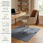 Infographie du tapis chaise de bureau ZenSpace Shield présentant les avantages de confort lombaire, réduction du bruit et traitement anti-taches.